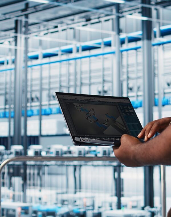 Industry 4.0 industrial plant specialist designs new robotic machines using CAD software on laptop. Smart factory technician using notebook to do tooling for automation equipment, camera A close up